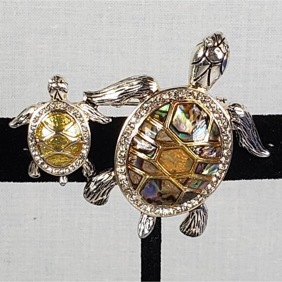 Vintage Signed Napier Turtle With Baby Abalone Shell & Rhinestone Accents Brooch - Picture 7 of 14